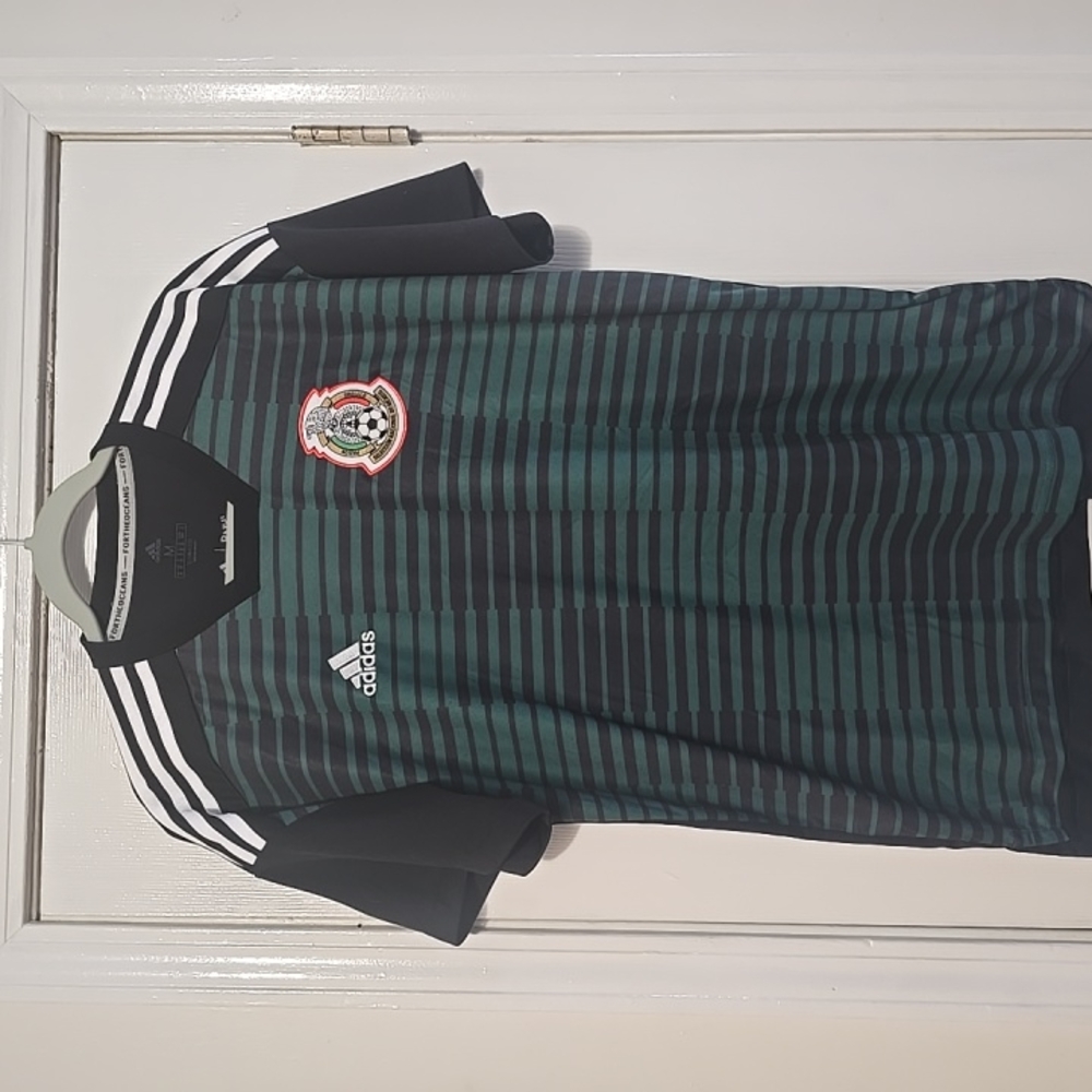 Adidas Black and Green Striped Soccer Jersey